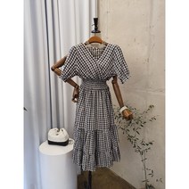 [여름신상 무배] 플라워 자수 체크 스모크 브이넥 원피스