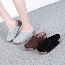 이나슈즈 여성 소가죽 세무 안감 털 통굽 슬리퍼 5cm 겨울 키높이 블로퍼