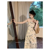 홀터넥 원피스 Lu Qingyi [국화 여유] 나비 프린트 드레스 여성 봄 여름 복고풍