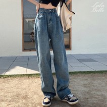 라라벨 여성 데님팬츠 버클 중청 데님 세미와이드 와이드 팬츠