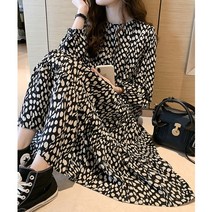 yw6 봄 도트프린팅 라운드넥 롱 원피스 쉬폰 주름 정장룩 루즈핏 오버핏 빅사이즈 럭셔리 드레스