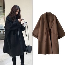 새로운 가을 겨울 큰 사이즈 모직 재킷 여성용 느슨한 중간 길이 모직 코트 후드 케이프 트렌치 코트 통통 소녀용 2022