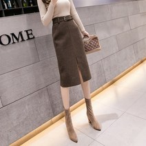 모직 스커트 여성 겨울 가을 하이웨이스트 날씬해 보이는 단신 절개 절개 허리 A라인 ONE STEP