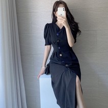 비비미미 하객룩 브이넥 보석단추 셔링 퍼프 반팔 롱 원피스 결혼식 돌잔치 피로연 상견례