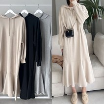 567스타일 후드 롱원피스 가을 긴팔 밑단 프릴 홈원피스 캐주얼 엄마등원룩 맘룩