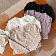 골드 버튼 브이넥 골지 슬림핏 여성니트티