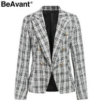 트위드 손담비 BeAvant Office 숙녀 격자 무늬 블레이저 자켓 버튼 더블 브레스트 여성 블레이저 가을 겨울 작업복 여성 코트 2019