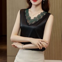 [인성] 여성 브이넥 장미 자수 실키 민소매 나시티 새틴