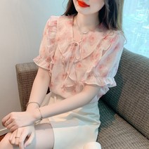 여름 공주 소매 프릴 리본 블라우스 달콤한 장미 꽃 블라우스 여