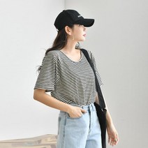 핫템퀸 (오늘GO) 여름신상 여성 여자 탄산 스트라이프 단가라 반팔 반팔티 티셔츠