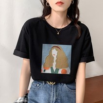 위위브렌 여성 데일리 유화 도안 반팔 라운드넥 티셔츠