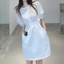 SN 여대생원피스 라운드넥 화이트 데일리 반팔 원피스 허리 소매 밴딩