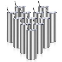 Amgkonp 591.5ml(20온스) 승화 스트레이트 스키니 텀블러 벌크 12팩 스테인리스 스틸 이중벽 블랭크 금속 빨대 뚜껑 개별 박스 열 프레스용 코팅 훌륭한 DI, Sliver, 12 Count (Pack of 1)