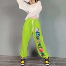 여성 여름 얇은 루즈핏 컬러 레터링 허리 밴딩 트레이닝 팬츠 힙합 댄스 바지 오렌지 그린