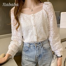 나바바 NB899 여성 에스닉 레이스 스퀘어넥 블라우스