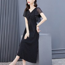 땡땡이 도트 쉬폰 원피스 블랙 미디 여성 나비 소매 브이넥 햅번