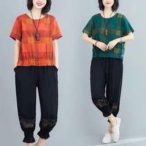 [이꾸띠] 두추이리 여성 여름 라운드넥 체크 2컬러 레이스 밴딩 바지 투피스세트