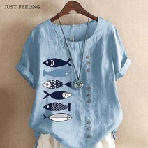 JUST FEEL!NG 여성 루즈핏 여름 린넨 프린팅 라운드넥 빅사이즈 오버핏 블라우스 셔츠 캐주얼 S-5XL