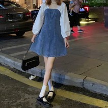 포린박스 데님 레이어드 퍼프 벌룬 셔츠 청 미니 원피스 YJ