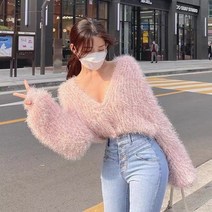 오버핏 가디건 캔디 컬러 크롭 핑크 카디건 한국 패션 단색 모헤어 재킷 v넥 스웨터 세련된 버튼 니트 탑 여성 풀 로파 모피