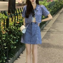 여름 캐주얼 정장 크롭 자켓 미니 스커트 세련된 하운드투스 체크 투피스 세트