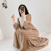 여성용 노티 레이스 코듀로이 프릴 원피스