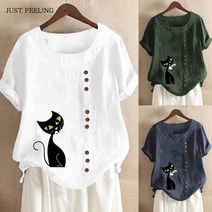 JUST FEEL!NG 여름 빅사이즈 면마 반팔 티셔츠 배살 커버 블라우스 레트로 프린트 여성 루즈핏 남방