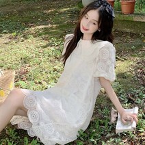 여자 이중카라 레이스 펀칭 하객룩 반팔 미니원피스