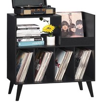 LELELINKY 대형 레코드 플레이어 스탠드 수납 공간이 있는 턴테이블 디스플레이 영역이 비닐 홀더 최대 300개의 앨범 보관 가능 음악실 거실용 레토 블랙 USA 미국, Black
