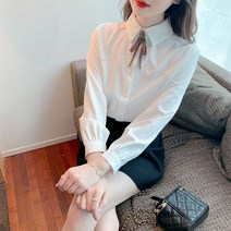 [이꾸띠] 아비스이이 여성 봄 가을 브이넥 카라 앞버튼 리본 배색 스판 데일리 블라우스