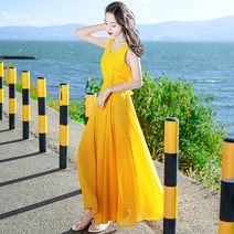 여름 비치 보헤미안 원피스 여성복 해변 바캉스 스커트 옐로우 빈티지 쉬폰 -99545