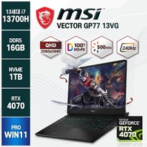 [백팩 증정] 2023년 신제품 MSI Vector GP77 13VG 인텔 13세대 i7-13700H RTX4070 240Hz QHD 노트북, 블랙, 코어i7, 1TB, 16GB, WIN11 Pro