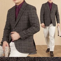 중년 남성 울 모직 클래식 보카시 체크 신사 콤비 자켓