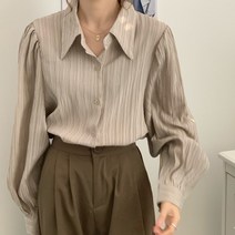 가을 여자 브이넥 카라 구김없는 블라우스 퍼프소매 루즈핏 오피스룩 간절기 긴팔 셔츠 남방