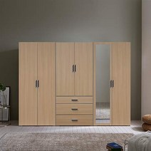 웰튼 블링카2400 행거 3단 서랍형 옷이불수납 거울 장롱셋트, 메이플-긴문도어옷장+3서랍장롱+긴문거울이불장