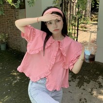 빅 프릴 카라 퍼프 반팔 코튼 핑크 블라우스 보세 셔츠 여름 샤랄라 아사면 크롭 SY