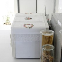 하이비비 국내생산 수제 광목 꽃자수 식탁러너 장식장 전자렌지 커버, 화이트
