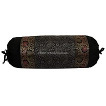 Stylo Culture Indian Polydupion Cylindrical Tubular Bolster Pillow Cover Black Jacquard Brocade Bord, 1, Black & Gold