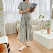 그린섬 면 베이직 원피스 여름 허리끈 롱 캉캉치마 라운드 반팔 데일리 편안한 국산