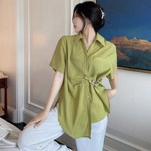 SJW 여성 반팔 셔츠 남방 언발 무지 카라 체인 루즈핏 블라우스 상의 봄 여름 빅사이즈 M~4XL