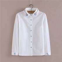 둥근카라블라우스 탑 화이트 셔츠 모리 걸 한국 여성 blusas preppy 가을 카와이 자수 꽃 여성 셔츠 t a