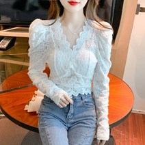 퀀월드 여성용 레이스 브이넥 퍼프 블라우스 S~XL QYH033