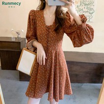 런메시 Runmecy 봄가을 여성 빈티지 플라워 원피스 미니 원피스 긴팔 원피스