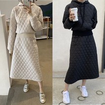 겨울 누빔 퀄팅 패딩 후드 스커트 투피스 세트