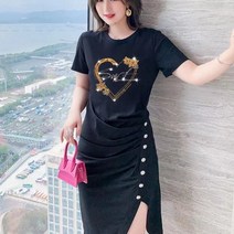 대형 여성 드레스 2021 여름 새로운 우아한 배꼽 커버 슬리밍 불규칙한 디자인 분할 중간 길이 드레스 유행