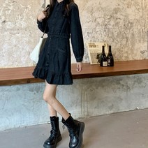 리지걸 데님 프릴 흑청 미니원피스