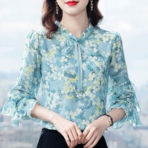 블라우스리본패션 주름 레이스 러블리 부스지다 꽃블라우스 여성 긴 소매 2022 봄옷 스타일리쉬 고퀄리티 2880259084