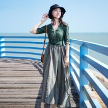 엔티랄라 여름 여성 원피스 얇은 옷 브이넥 반팔 미디 스커트 면 원단 루즈핏 날씬해 보이는 보기 좋은 서양풍의 편안한 캐주얼한 고급의