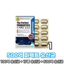 퍼펙트 유산균 500억 투입 100억유산균 모유 유래 LGG 유산균 식물성 캡슐 프로 프리 포스트 퍼스트 바이오틱스 바이오텍스 17종 함유 장내 유익균 건강기능식품, 1박스, 60캡슐
