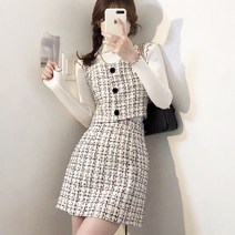 [랜덤플레이] 배색 트위드 체크 민소매 투피스 세트